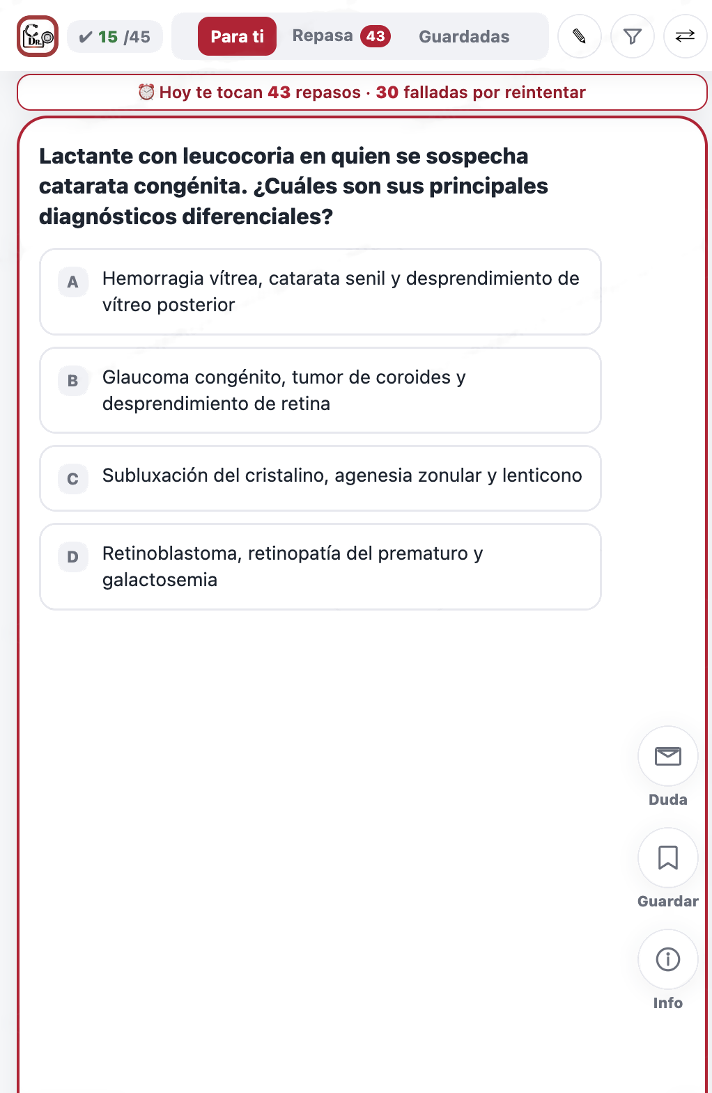 Interfaz de Dr. Prieto Swipe Review